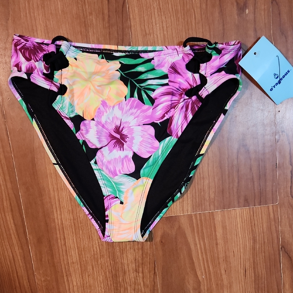 NWT O'Rageous Floral High-Waist Bikini Bottoms - Pink & Black